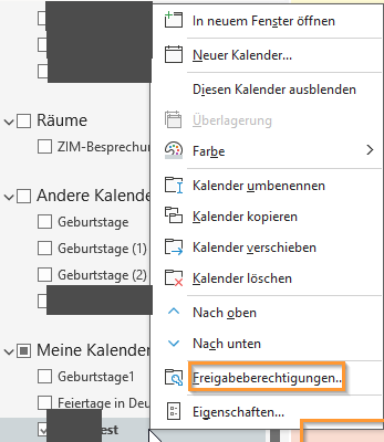 Kalender Freigabeberechtigungen wählen