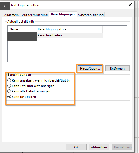 Kalender Berechtigungen freigeben