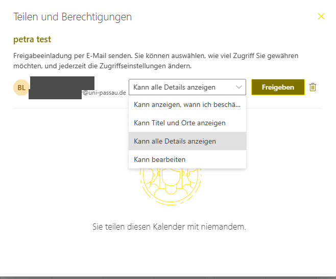 Kalender Zielperson und Berechtigungen auswählen - Outlook Online
